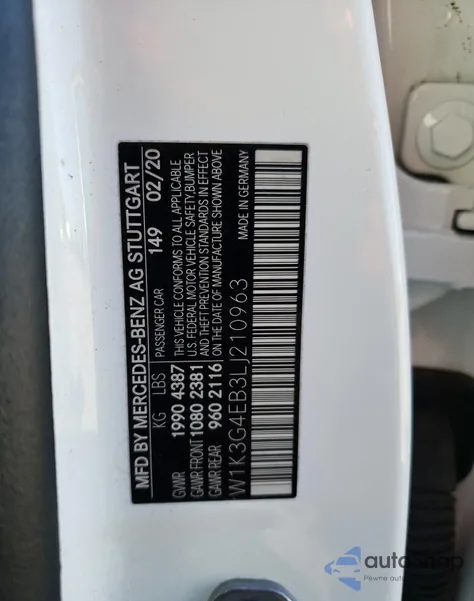 2020 Mercedes-Benz A 220 из США, поврежденный, VIN W1K3G4EB3LJ210963